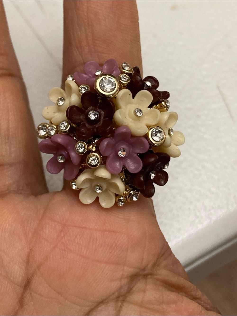 Vintage Floral Cluster Chunky Ring in Cream, Mauve & Burgundy